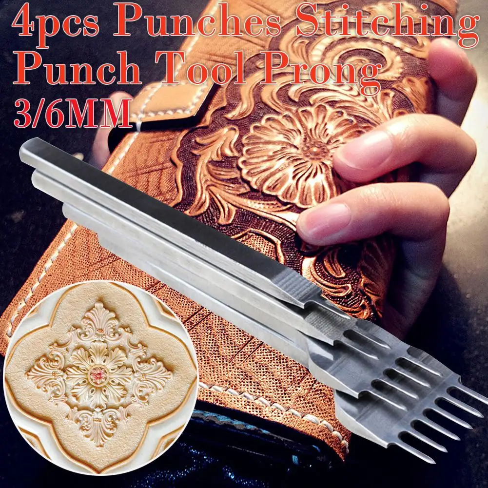 

4 Pcs/set 3/4/5/6mm Leather Craft Tools Hole Punches Lacing Stitching Punch Tool 1+2+4+6 Prong