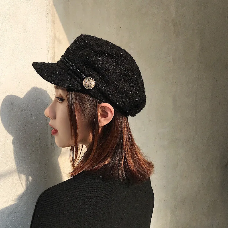 

2019 New pattern Peaked cap Chic Bright wire NAVY HAT female Wild Joker Thin section England Flat-topped Beret Autumn/winter