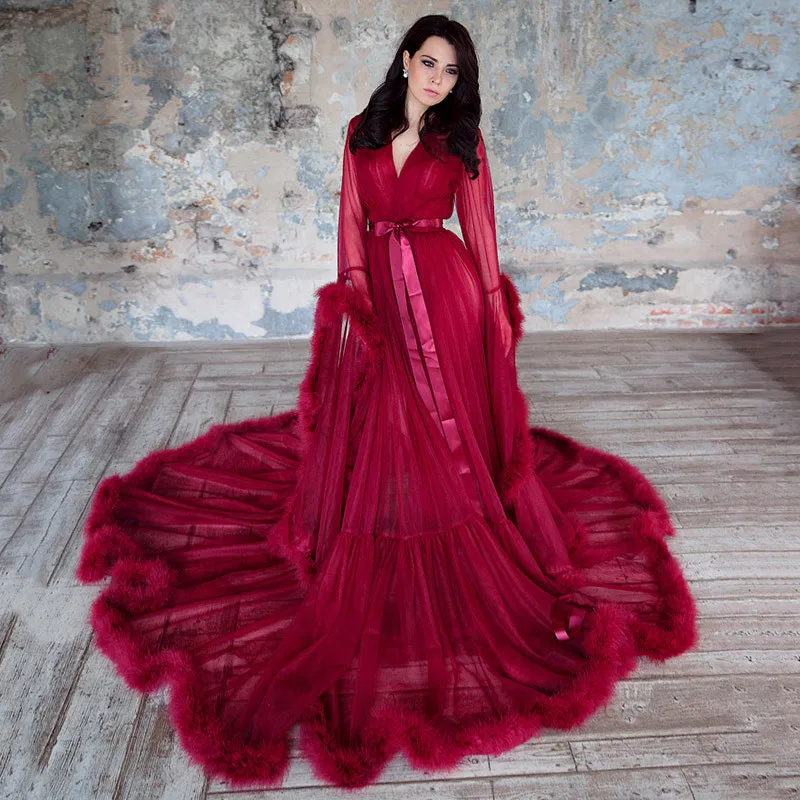 

Feather Tulle Party Evening Dresses 2023 Sexy Burgundy Red Long Sleeve Fur Formal Prom Dress Gown Women Plus Size Robe De Soiree