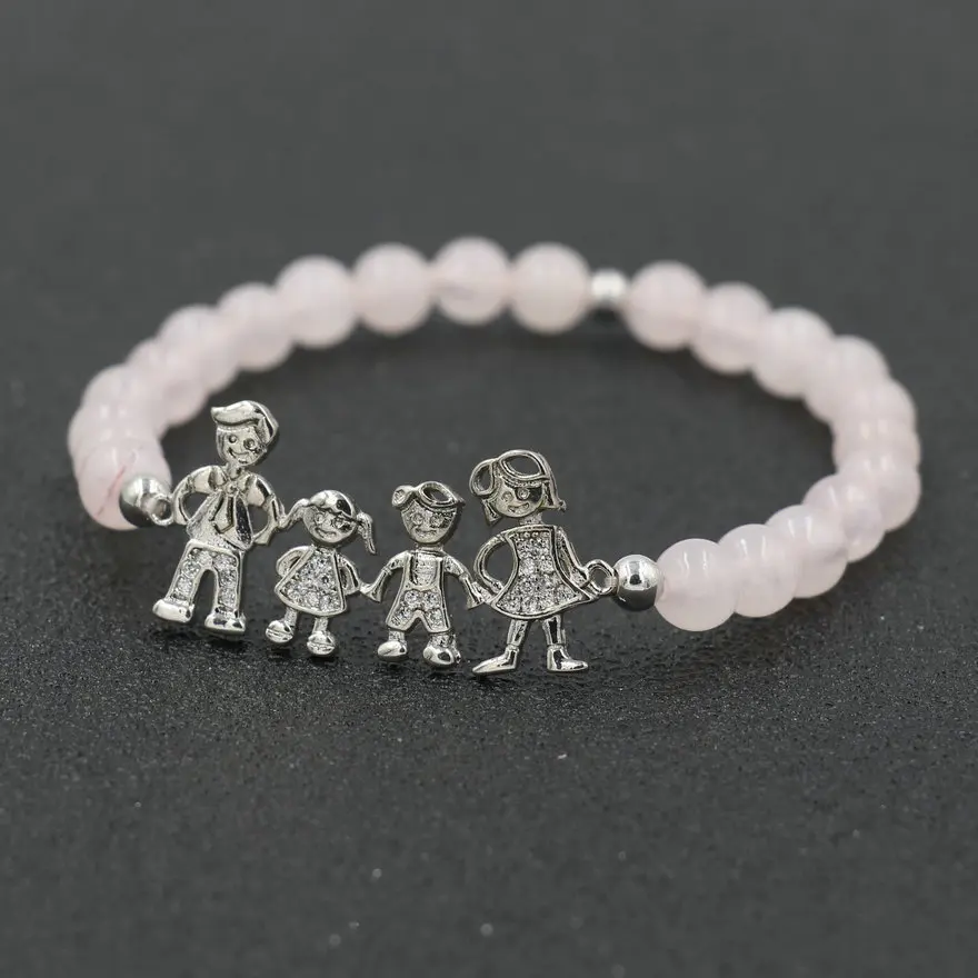 Модный Семейный Браслет для папы, мамы, мальчика, девочки, для женщин, очаровательные браслеты для йоги, натуральный камень, браслет для мужчин, влюбленных, ювелирный подарок - Окраска металла: Family pink silver