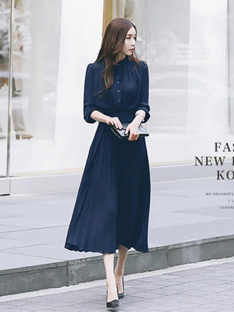 Платье женское черное с длинным рукавом элегантное миди шифоновое moda feminina vestido manga larga торжественное платье женское элегантное roupas feminina - Цвет: Синий