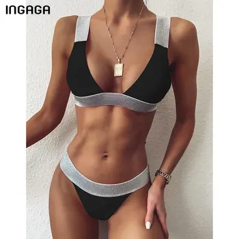

INGAGA Push Up Bikinis Swimsuit 2020 Thong Swimwear Women Black Biquini Shiny Splicing Beachwear Bathing Suit Women Bikini Set