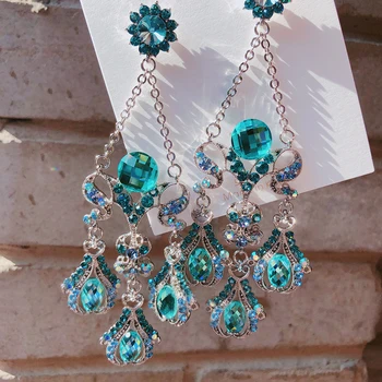 

MENGJIQIAO New Korean Palace Style Luxury Green Crystal Long Dangle Earrings For Women Girls Elegant Vintage Party Jewelry Gifts
