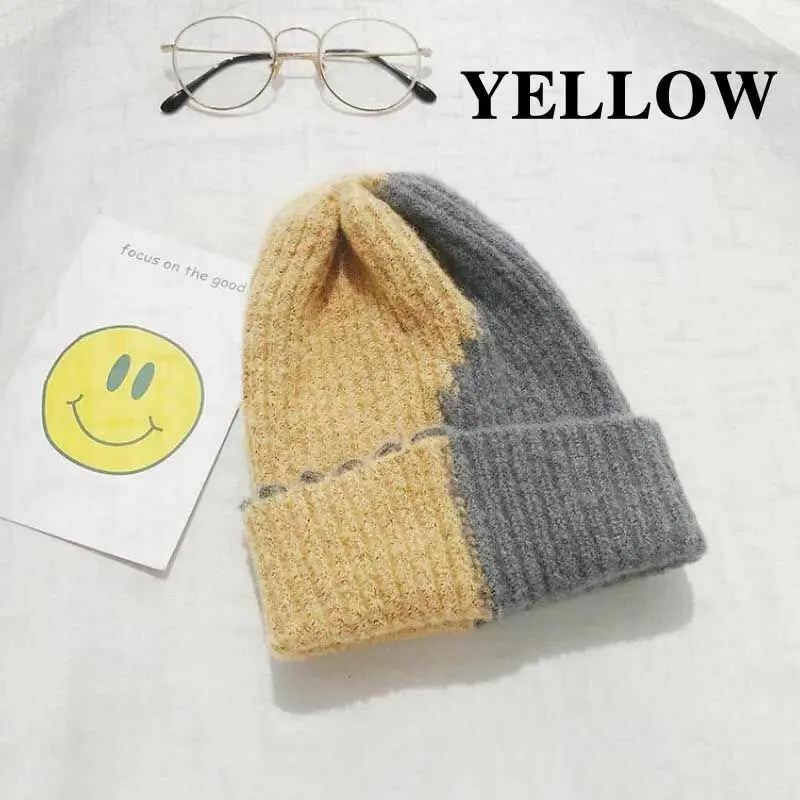 yellow Женские вязаные зимние шапки, шерстяные повседневные однотонные кепки, хип-хоп шапки с черепом - Цвет: yellow