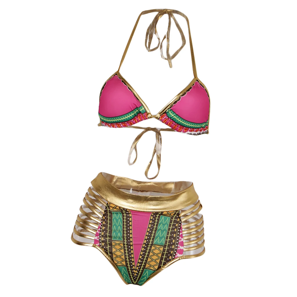 Vintage African Tribal Prints Bikini Swimsuit Bandage Swimwear Blue S Set of sexy swimsuit for women