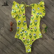 Цельный сексуальный купальный костюм с v-образным вырезом и открытыми плечами, женская одежда для плавания с оборками, купальные костюмы, пляжная одежда, монокини, купальник