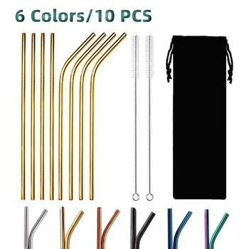 

10Pcs set 304 Stainless Steel Straw Reusable Metal Bent Straight Drinking Straw with Cleaning Brush Bar Party Accessory