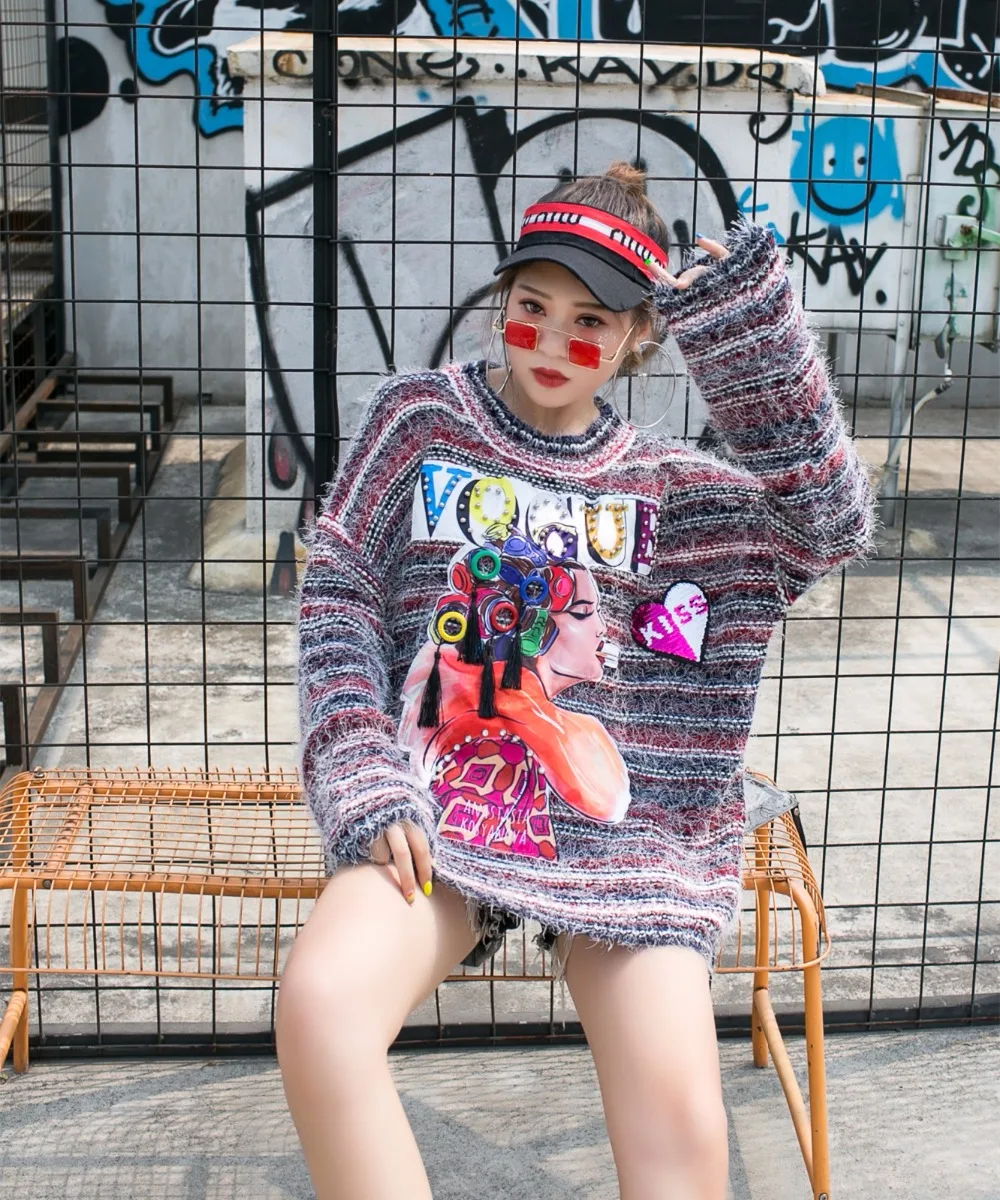 SexeMara/Модный Новый свободный трикотажный свитер в полоску с блестками и рисунком из мультфильма; Бесплатная доставка