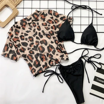 

New 3PCS Women 3 Piece Bikinis Set Short Sleeve Cover Top Swimwear Swimsuit Bathing Suit Beachwear Triangle Tankini Set 2019