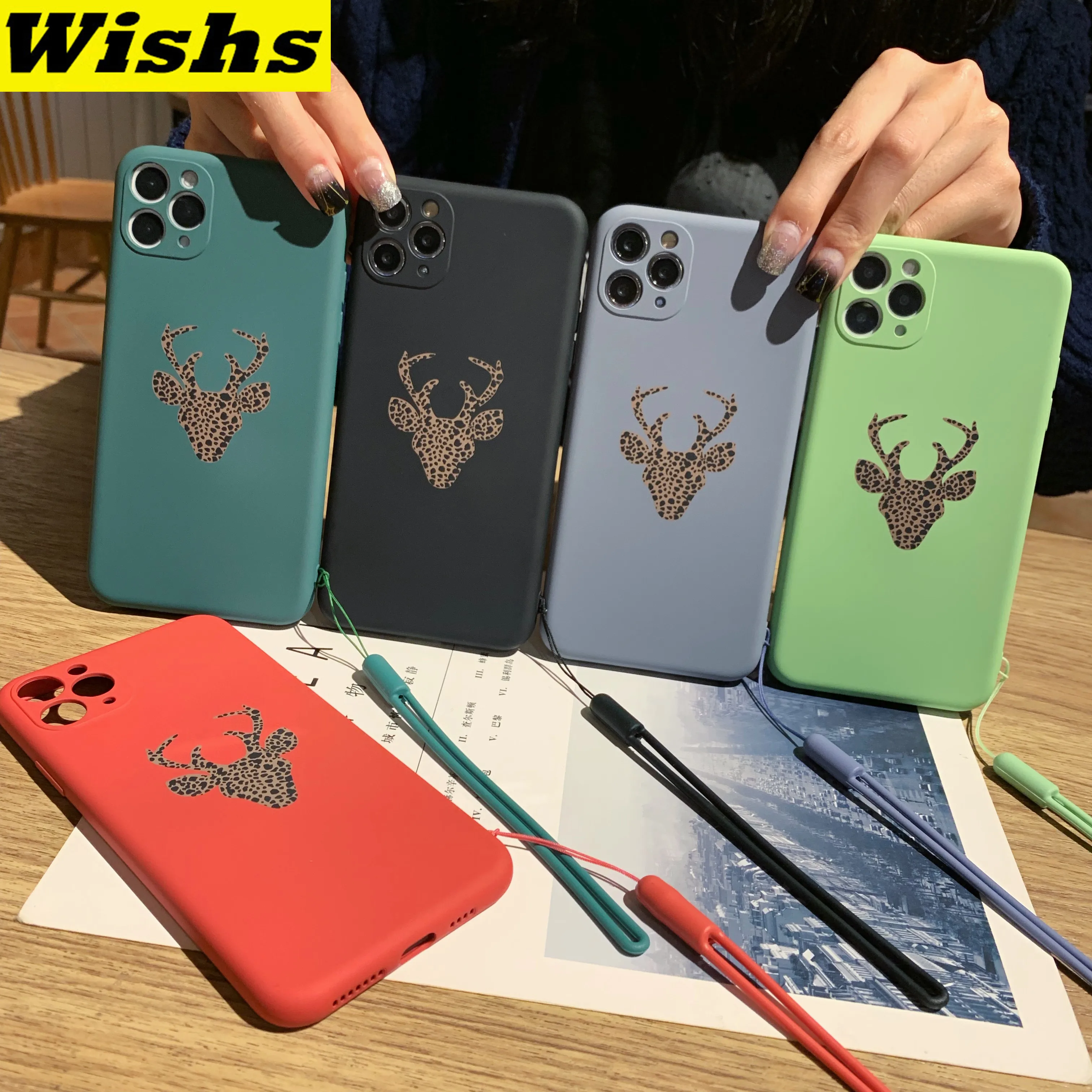 

Camera Lens Protection Phone Case For iPhone 11 Pro Max XR XS Max X 8 7 6 6S Plus Wrist rope Leopard Grain Deer Silicone case