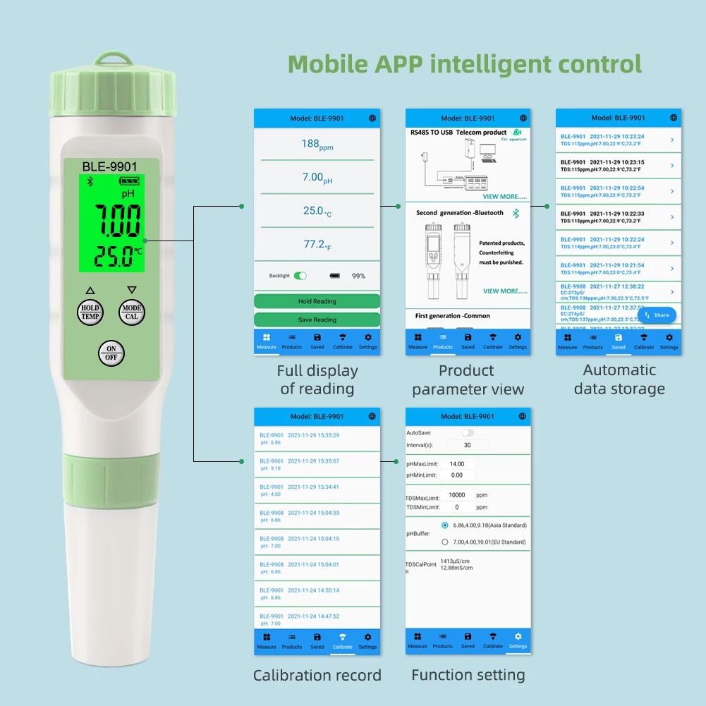 noisemeter Blue Tooth 5 in 1 PH EC TDS Salinity TEMP Meter Digital Water Quality Tester Smart Online Monitor APP Control for Aquariums Pool electronic tape measure