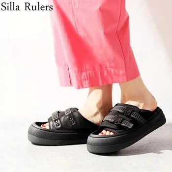 

Runway Thick Bottom Leisure Slippers Women Belt Fastener Woman Summers Mules Peep Toe Outsize Slippers Zapatos De Mujer 2020