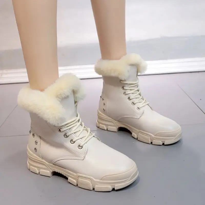 Coolcept Women Ankle Boots Warm Plush With Fur Round Toe Shoes Women Fashion Rivets Cross Strap Casual Winter Boots Size 35-40