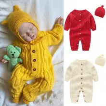 Newborn Baby Girl Boy Sets Knitted Button Romper Jumpsuit Hat 2Pcs Autumn Winter Warm Clothes Baby Solid Outfits 0-18M
