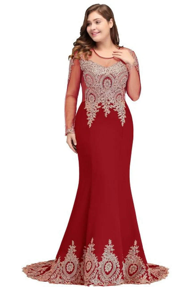 YULUOSHA 2020 Long Sleeve Applique Large Size Burgundy Evening Dress Mermaid Beads Arab Muslim Women Prom | Свадьбы и торжества