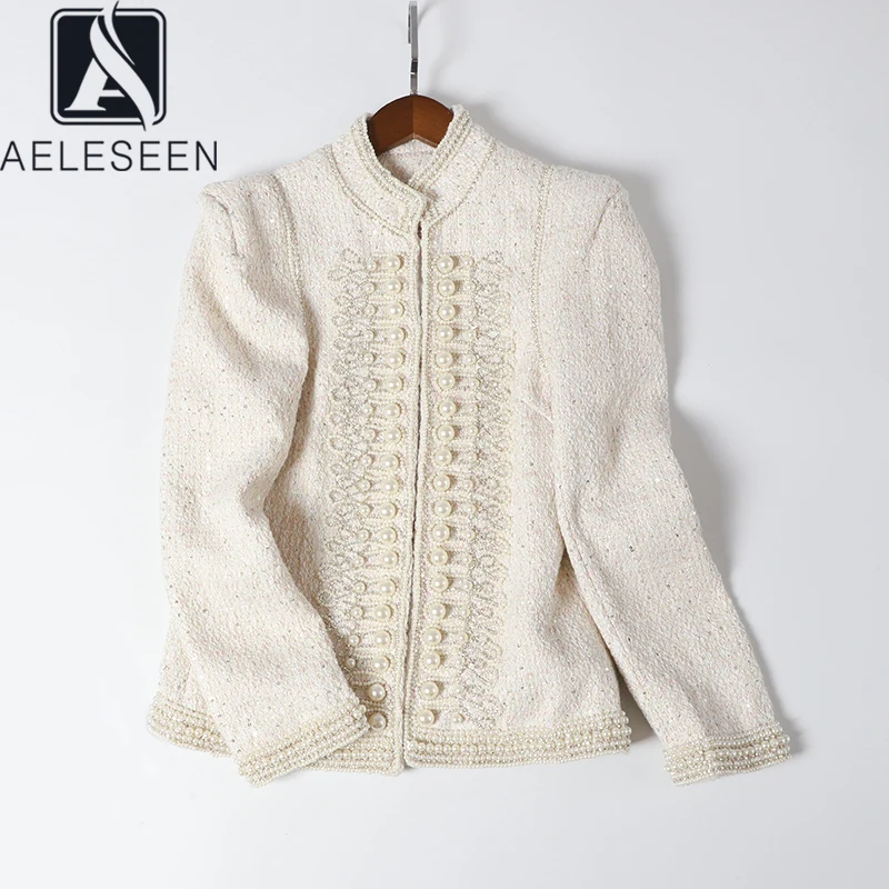 

AELESEEN 2020 Spring Runway Designer Woollen Jacket Women Luxury Pearls Decoration Mix Sequin Covered Buttons Open Short Coat