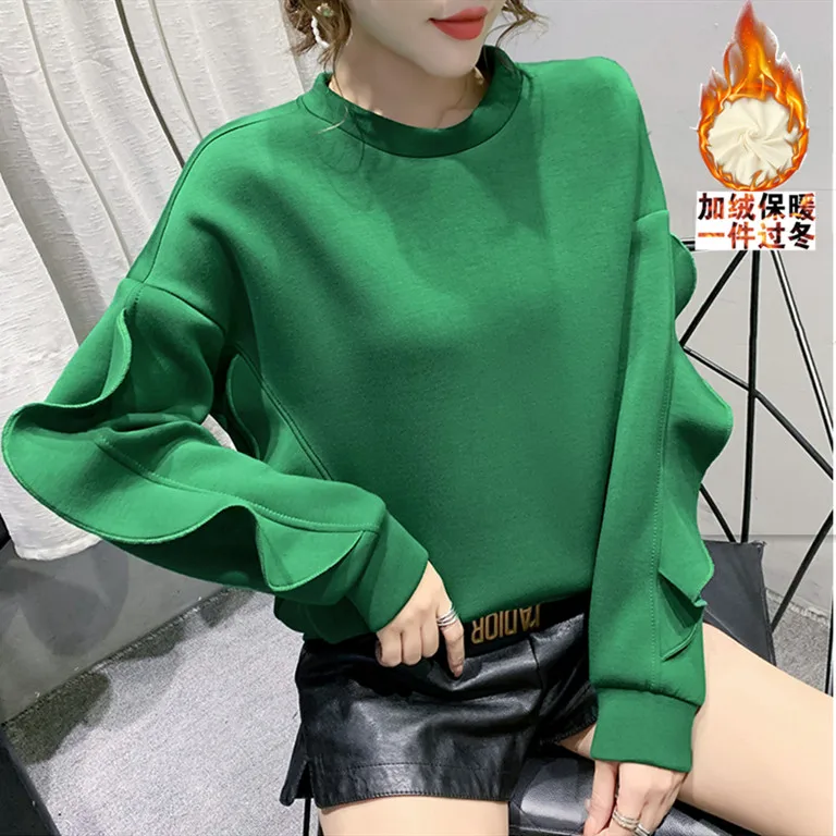 

Sweatshirts O Neck 2020 Autumn Winter New Loose Korean version Plus velvet Thick Long Sleeve Ruffled Ladies Sweatshirts 21E