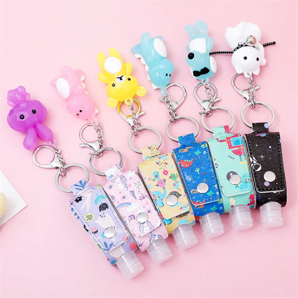 

30ml Cartoon Printed Leather Case For Children Hand Sanitizer Bottle Portable Traveling Refillable Bottle With Small Pendant