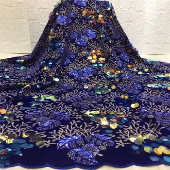 

Sequined African Navy Blue Lace Fabric Nigerian Evening Dresses Sewing Fabrics 2019 velvet High Quality Sequins Mesh For Wedding