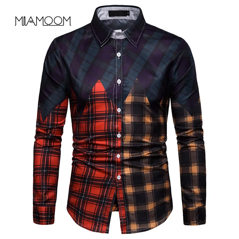 

MIAMOOM Men Shirts Business Casual Spring and Autumn Multi-color Plaid Patchwork Long-sleeve Shirt