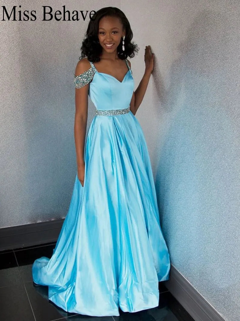 

DD JYOY Satin Evening Dress Long 2019 A Line Elegant Party Gowns Evening Beaded Off the Shoulder with Train robe soiree