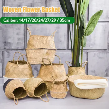 

Seagrass Folding Handmade Storage Basket Home Decorative Rattan Plant Flower Pot Decor Woven Wicker Belly Toy Laundry Basket