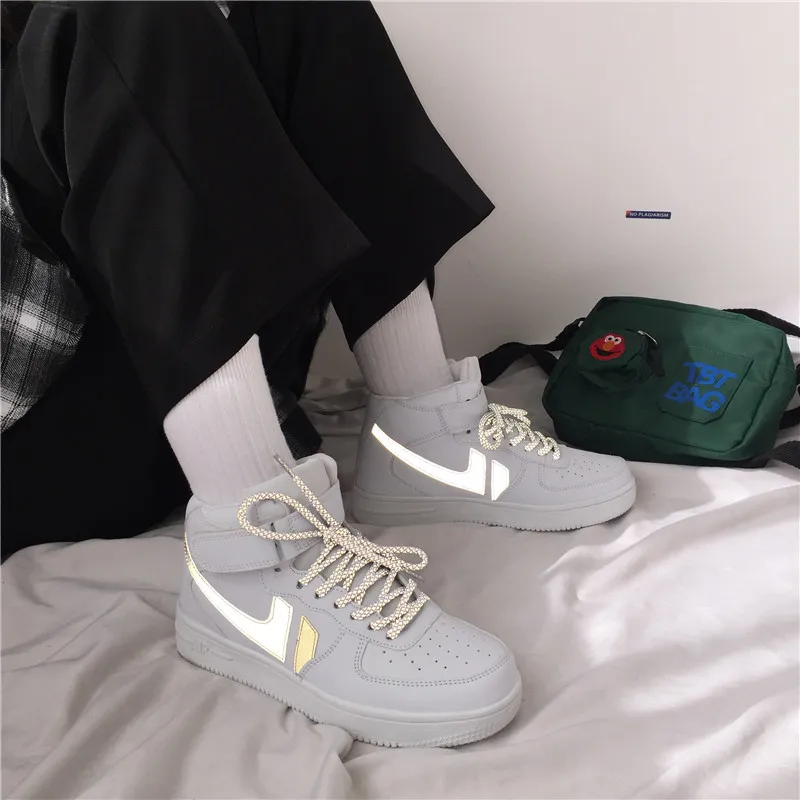 

2020 spring new reflective breathable pu low-top lace-up outdoor non-slip running Womens white sneakers thick-soled casual shoes