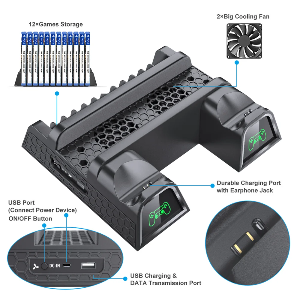 DOBE soporte PS4/PS4 Slim/PS4 Pro refrigerador base ventilador multifuncional de enfriamiento soporte vertical ps4 cargador consola indicadores LED de carga muelle TP4-1785. - Imagen 6
