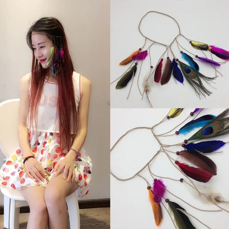Алиэкспресс Лидер продаж перо Головные уборы Эластичность повязка на голову Живописный район производительность фотосъемка театральных постановок Перья для волос группа