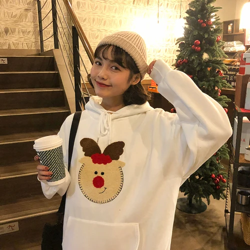 5 цветов Kawaii Рождественские толстовки женские новые Harajuku мультфильм плюс бархат хлопок с капюшоном пуловеры негабаритных женщин толстовки