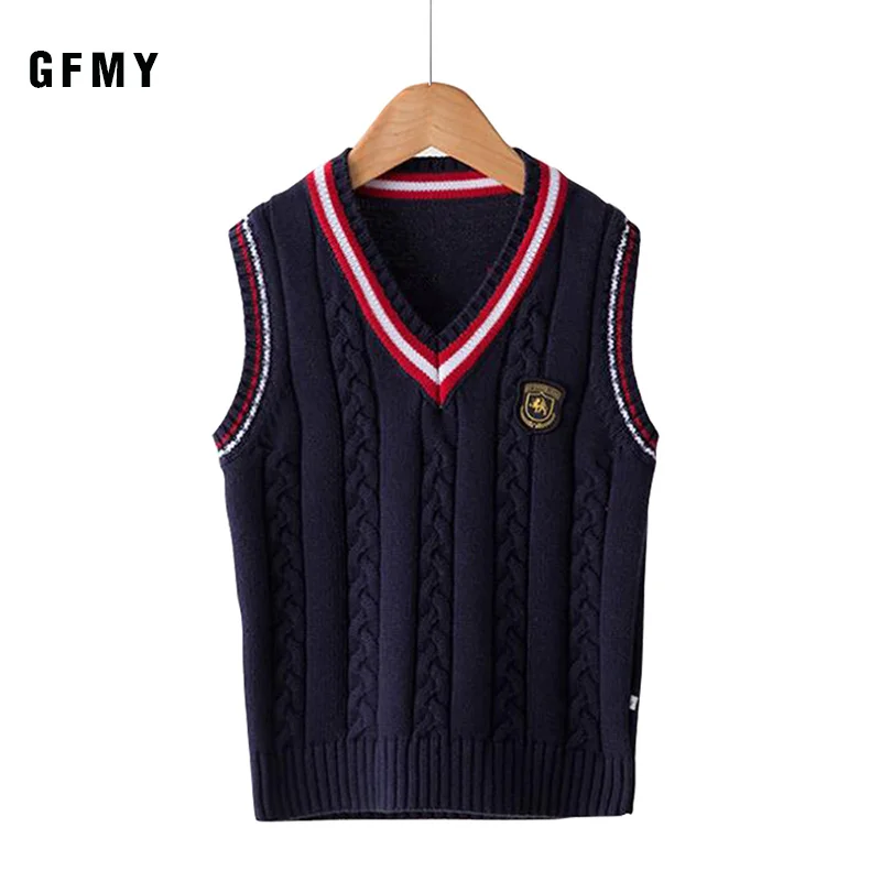 GFMY Autumn 100% Oxford Textile Cotton Solid Color 3T-14T boys white Shirt+ weater vest 2pcs Kid Casual School Clothes