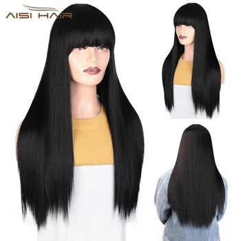 I's a wig Black Long Straight Wig With Bangs Synthetic Hair Wigs for Women 613 Blonde Red Heat Resistant Cosplay Wigs 2