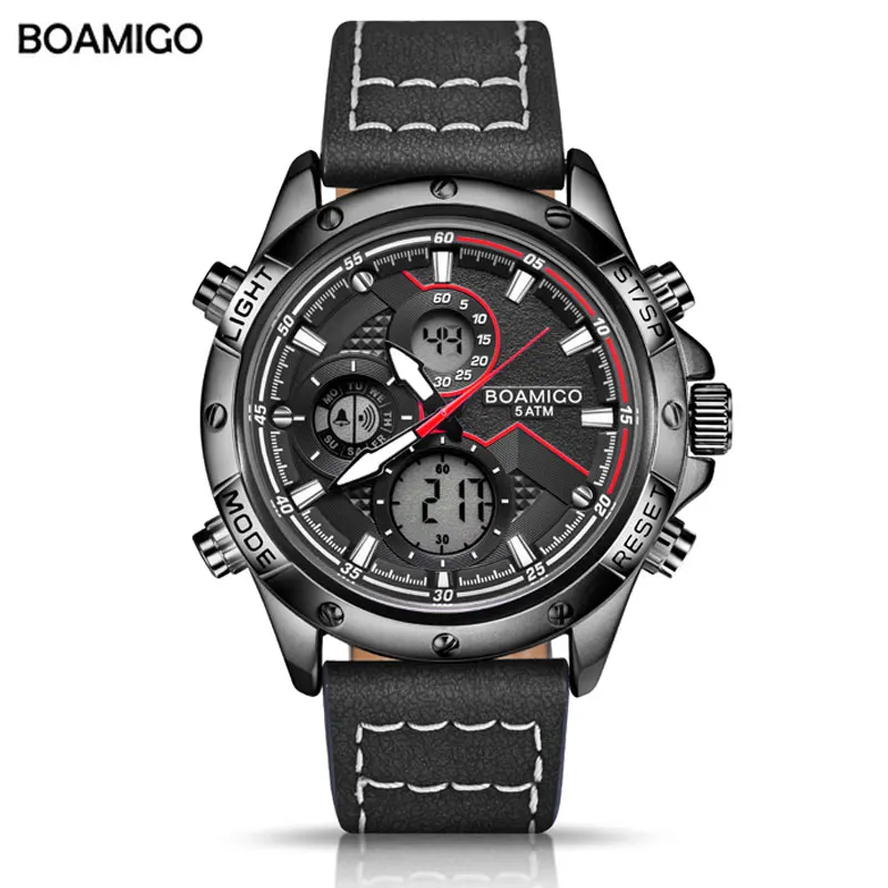 Черный BOAMIGO Роскошные Брендовые мужские спортивные часы мужские Модные Военные светодиодный цифровые и аналоговые часы кожаные кварцевые наручные часы relogio mascu - Цвет: Черный