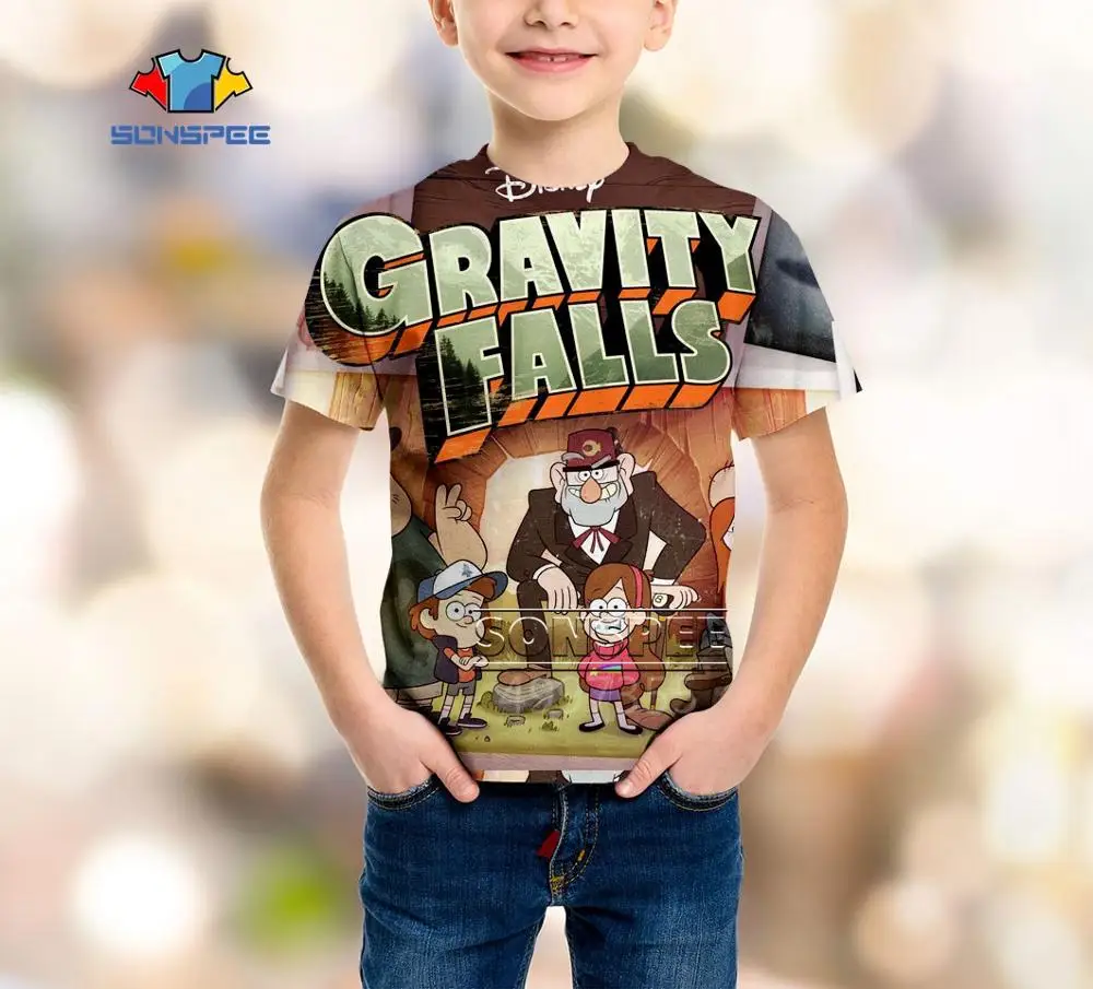 SONSPEE Gravity falds/забавная футболка для мальчиков и девочек в стиле Харадзюку, Повседневная футболка Подростковая с 3D принтом, топ с короткими рукавами, футболки, пуловер A561