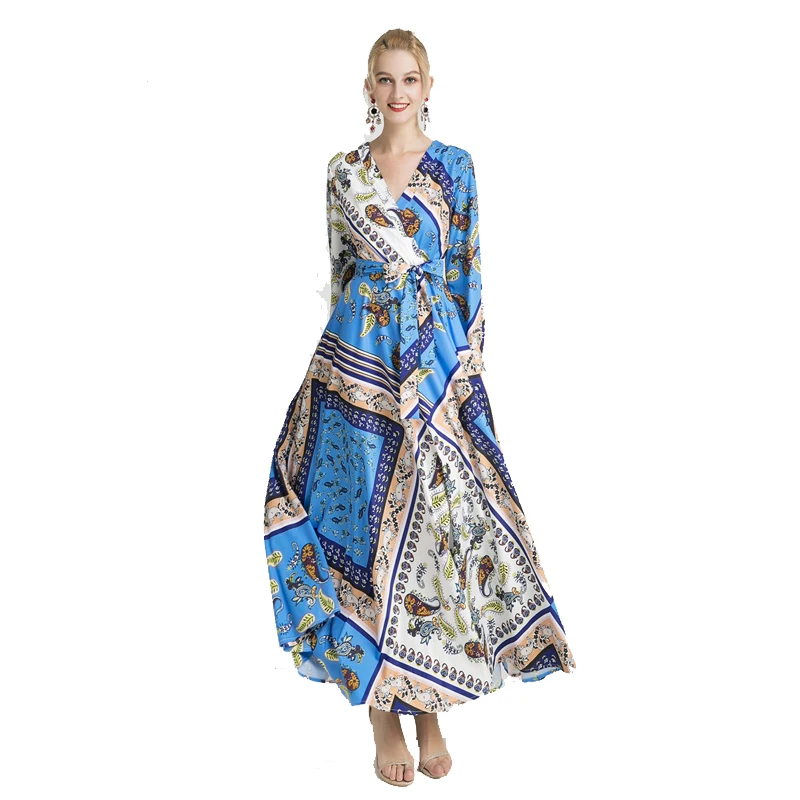 

women dress 2019 Autumn Spring Elegant Women Sexy V-neck vestidos de festa Belt printed long sleeves Vacation long boho dress
