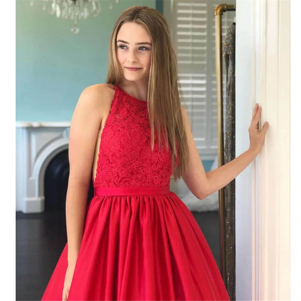 HONGFUYU, кружевной топ, круглый вырез, vestido de festa, длинное ТРАПЕЦИЕВИДНОЕ платье для выпускного вечера, es, Красное Атласное Вечернее платье без рукавов, официальное платье для выпускного вечера
