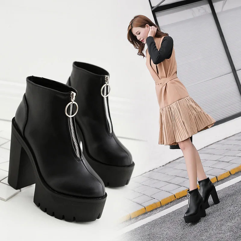 

Winter Shoes Women Bootee Woman 2019 Zipper Lady Boots Luxury Designer Round Toe Chunky Heel Ladies Autumn High Heel Fashion