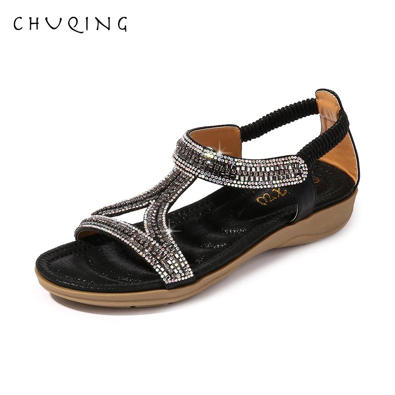 

CHUQING Openwork Triangle Rhinestone Sandals Soft Bottom Wedge Flat Shoes