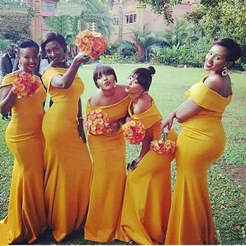 

Aso Ebi Yellow Bridesmaid Dresses Nigerian Blush Cheap Boat Neck Off The Shoulder Mermaid Maid Of Honor damas de honor Double 11