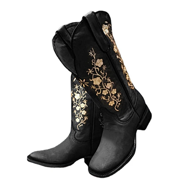 Botas De vaquero con punta cuadrada ancha para Mujer, botines De vaquero  con bordado occidental, a la moda|Botas hasta la rodilla| - AliExpress