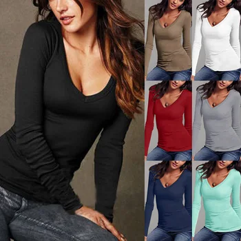 

Spring Autumn Tops Plus Size Women Slim Solid Cotton T Shirt Casual Long Sleeve Black Tee Shirts Fashion Ladies V-Neck Sexy Top