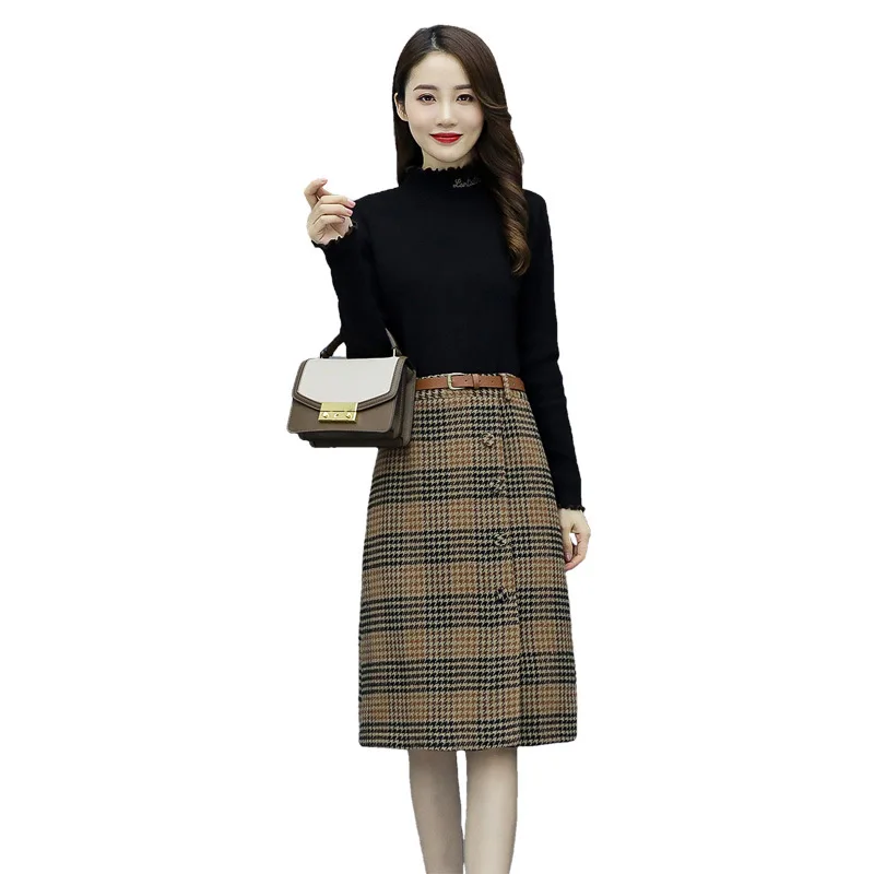 

2019 Autumn & Winter New Style Retro Hong Kong Style Set WOMEN'S Sweater Ride Skirt Two-piece Dress Elegant Fashion Western Styl