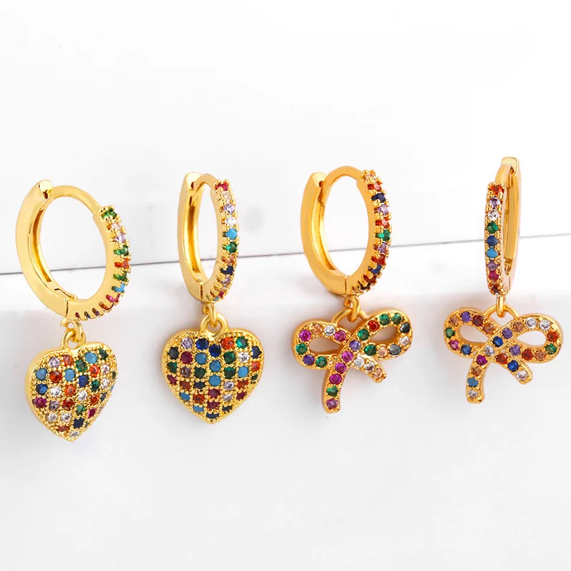 Дизайн сердце из фианита в форме Висячие серьги для женщин Многоцветный бантик золото медь эффектные маленькие серьги Свадебные украшения