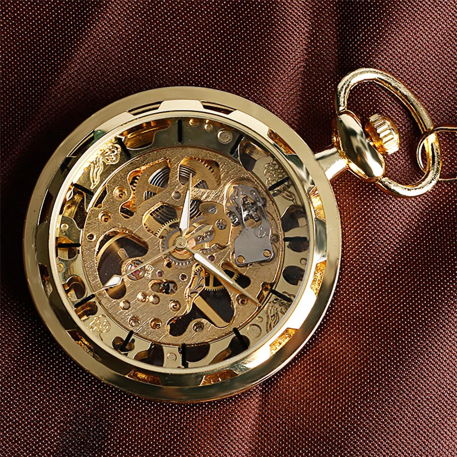 Transparente e Aberta Mecânico do Relógio de Bolso Relógio de Presente de Aniversário do Vintage com Bolso Rosto Esqueleto Cadeia Sinuosa Reloj Oco Mão
