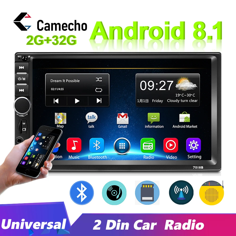Camecho Двойной Дин Радио Android 8,1 7 ''HD 1080P Автомобильный мультимедийный плеер универсальный Bluetooth gps wifi FM стерео радио