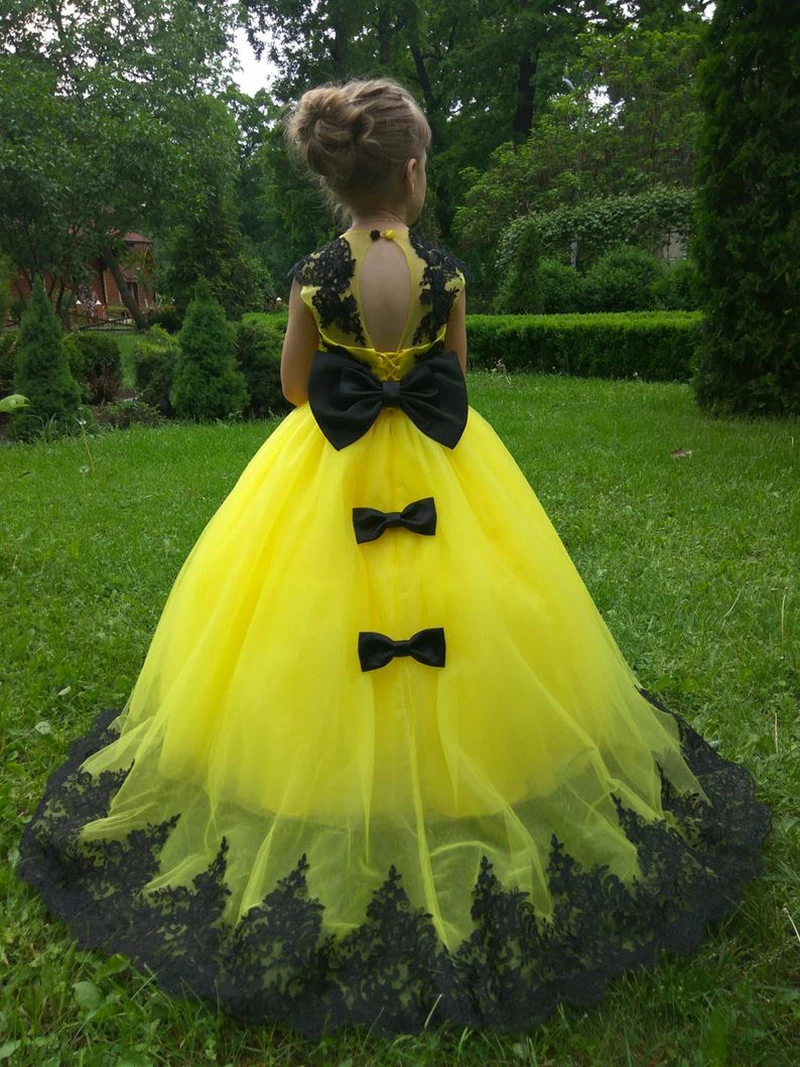 Vestido de flores amarillas con encaje negro para niña, vestidos dama de honor largos hasta el suelo, tren largo|Vestidos floreados niña| AliExpress