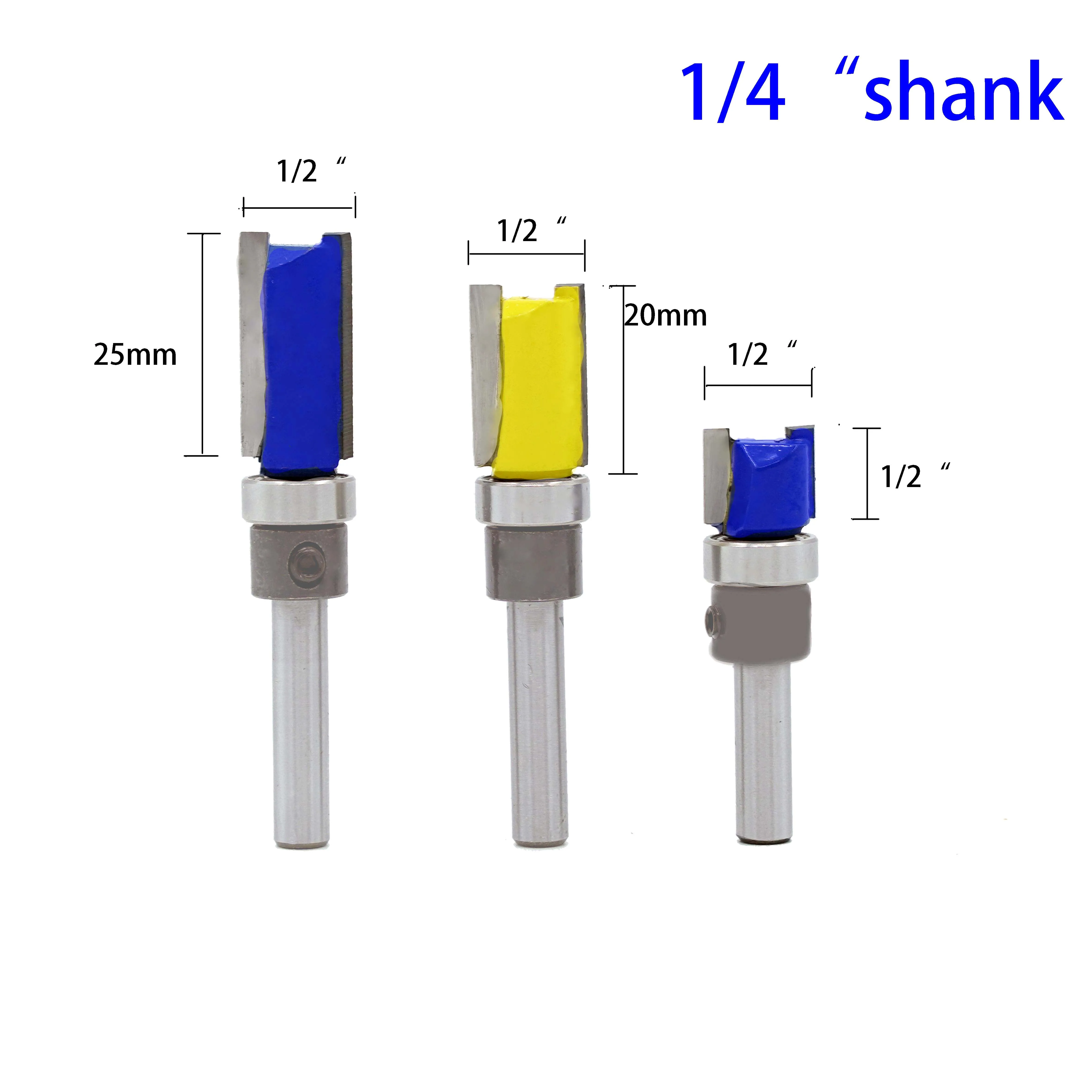 

3PC 1/4" Shank high quality 1/2" Blade Dia Carbide Flush Trim Template Router Cutter Bit Woodworking Tools Pack of 3