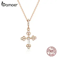 Bamoer Gótico Neckalce Pingente de Cruz para As Mulheres 925 Prata Esterlina Jóias Rose Gold Cor Moda Jewlery Bijoux BSN139(China)