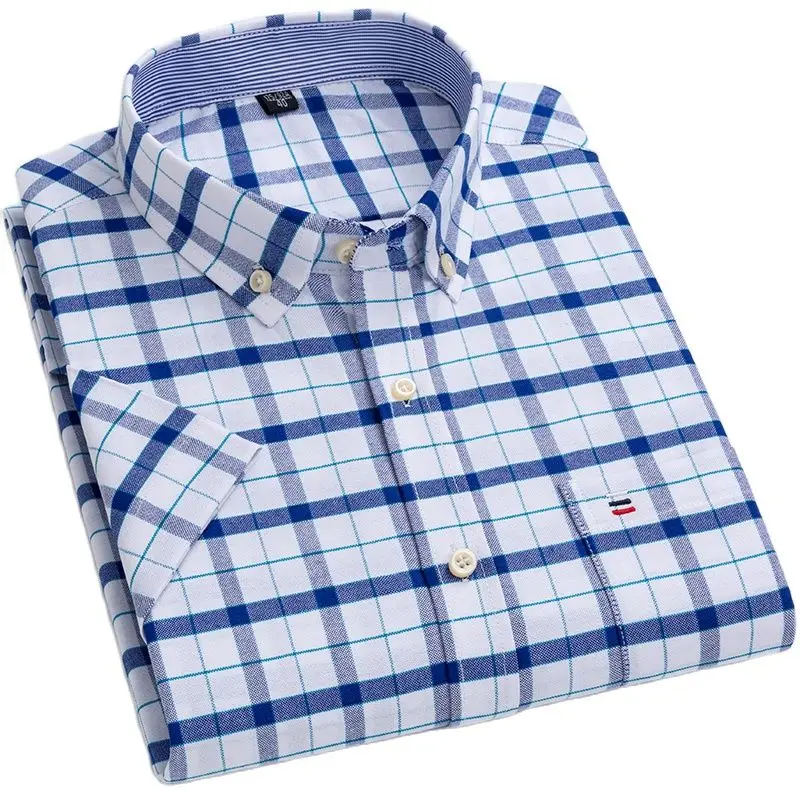 Men Oxford Short Sleeved Shirt 100% Cotton Regular Fit Causal Fashion Stripe Shirts Summer Printed Work Clothing cotton shirt men casual shirt