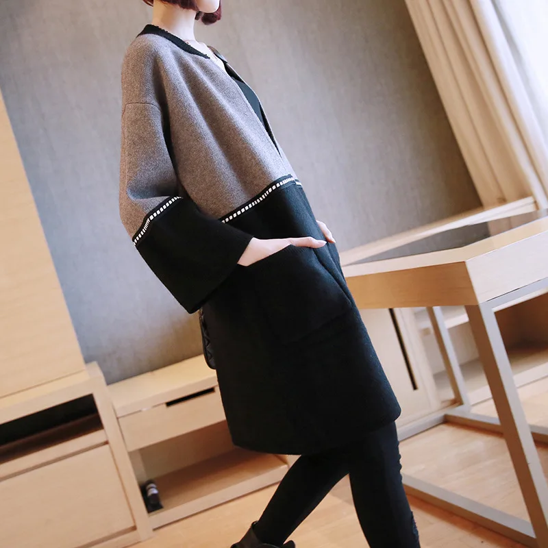 grey black Кардиган, модный, черный, красный цвет, свитер, пальто в Корейском стиле, осень, новинка, женский длинный размер, свободный, вязаный кардиган - Цвет: grey black